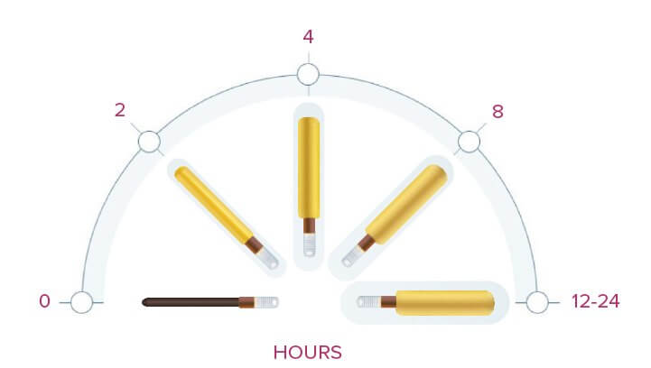 Diagram showing visual change in product over the course of 24 hours